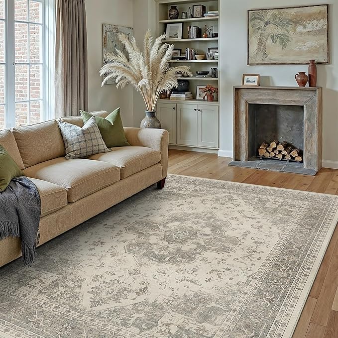 PureCozy 6x9 Washable Area Rug Beige Grey Vintage Distressed Large Rug for Living Room Oriental Soft Thin Indoor Retro Gray Carpet Non Slip Low Pile Floor Cover for Bedroom Dining Room Office Nursery