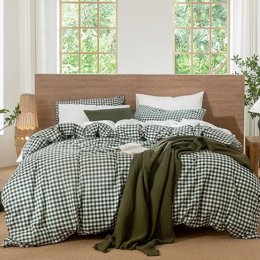 MooMee Gingham Duvet Cover Set 100% Washed Cotton Linen Like Textured Breathable Durable Soft Comfy Modern Checkered Design (Forest Green Gingham, Queen 90"x90")