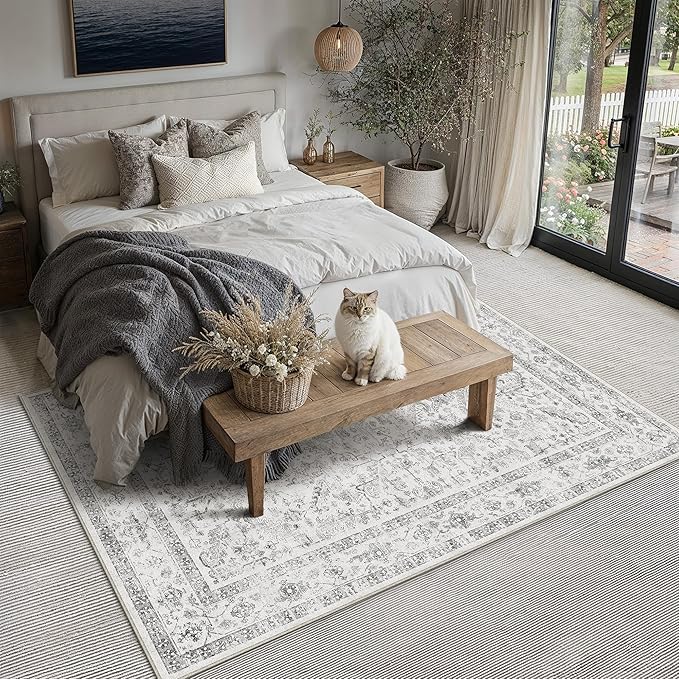 PureCozy Grey 5x7 Area Rug Vintage Washable Living Room Carpet Non Slip Bedroom Indoor Office Low Pile Traditional Distressed Retro Accent Rug for Dining Room Bathroom Kitchen