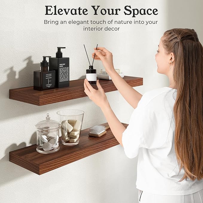 Floating Shelves for Wall, 9.3" Deep Wall Mounted Wood Shelves for Bathroom, Bedroom, Living Room, Kitchen, Hanging Shelf for Books/Storage/Room Decor (Walnut, 36")
