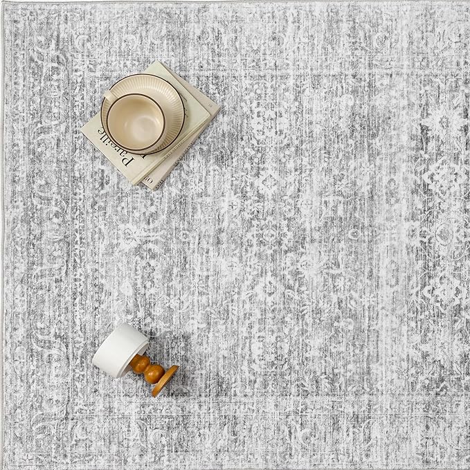 PureCozy 2x6 Runner Rug Gray Machine Washable Hallway Kitchen Vintage Distressed Non Slip Carpet Indoor Small Long Low Pile Thin Bedroom Bathroom Retro Accent Throw Rug Laundry Living Room
