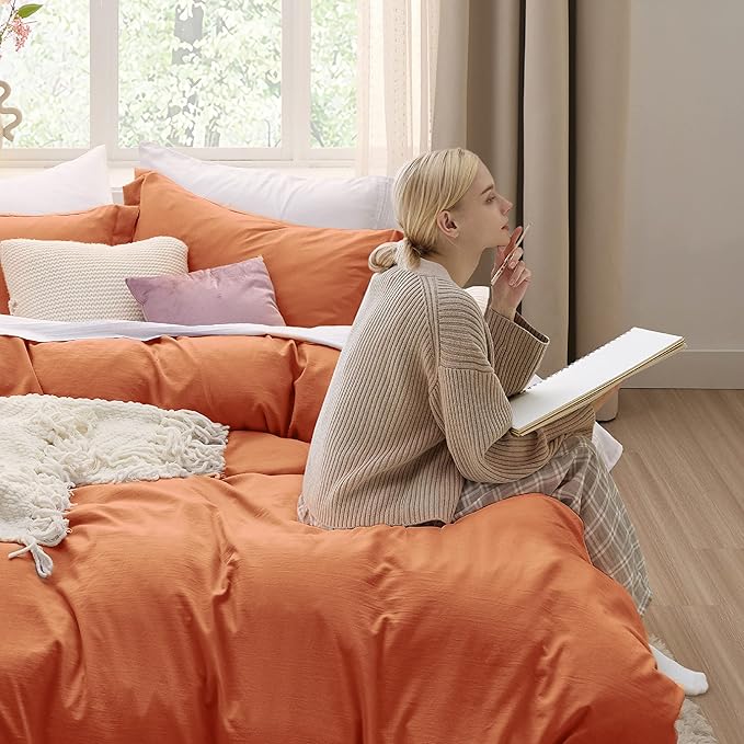 Bedsure Burnt Orange Duvet Cover Queen Size - 3 Pieces Prewashed Cotton-Like Extra Soft Bedding Set, Includes 1 Duvet Cover 90x90 Inches with Zipper Closure & 2 Pillow Shams, Comforter Not Included