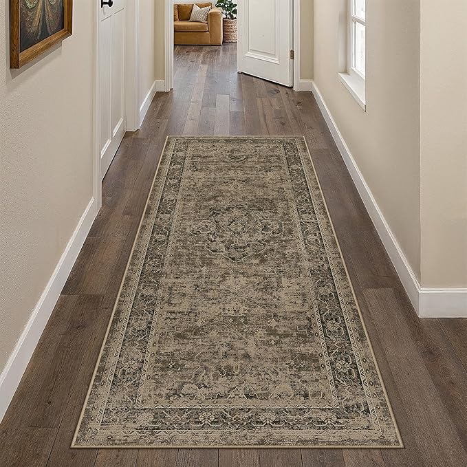 PureCozy Hallway Runner Rug 2x6 Washable Brown Vintage Distressed Long Runner Oriental Soft Thin Indoor Carpet Non Slip Low Pile Throw Rug for Kitchen Bedroom Laundry Bedside Entryway