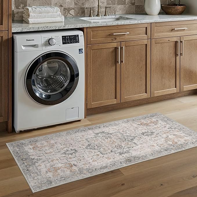BESBLEE Runner Rug 2'6''x5 Non Slip Machine Washable Vintage Hallway Runner Rug, Low Pile Lightweight Rugs for Entryway, Hallway, Kitchen and Corridor, Light Taupe Brown