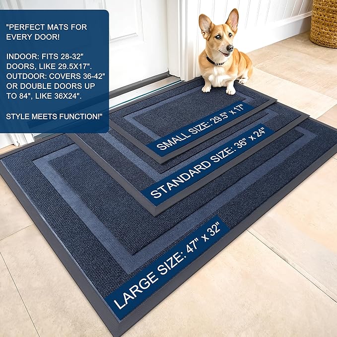 OLANLY Front Door Mat Indoor Outdoor Entrance, Waterproof All-Season, All-Weather Doormat, Sturdy Natural Rubber, Fade Resistant, Low Profile, Easy Clean Patio Porch Entryway Mat, 36x24, Blue