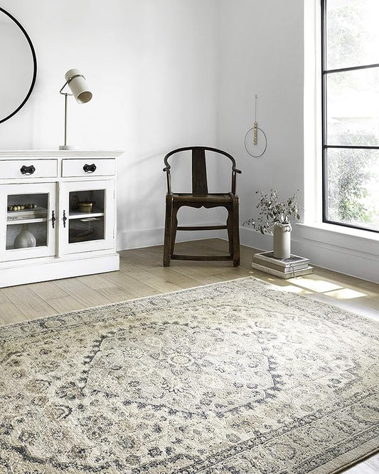 Loloi Teagan Collection TEA-01 Natural/Lt. Grey 6'-7" x 9'-2" Area Rug, Large, Soft Neutral Rug, High-Traffic for Living Room, Bedroom, Home Office, Dining Area
