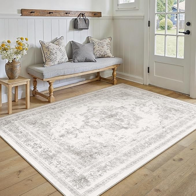 PureCozy Area Rug 5x7 Washable Light Gray Rug Vintage Boho Medallion Large Grey Distressed Retro Carpet for Living Room Non Slip Indoor Low Pile Small Soft Bedroom Dining Room Home Office