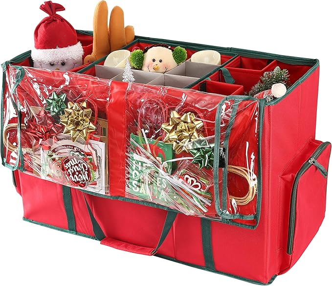 Sattiyrch Large 2-in-1 Christmas Ornament Storage Box & Xmas Figurine Container - Easy Access Removable Trays, Keeps 73 Holiday Ornaments - Adjustable Extent Area for Figurines and Pockets
