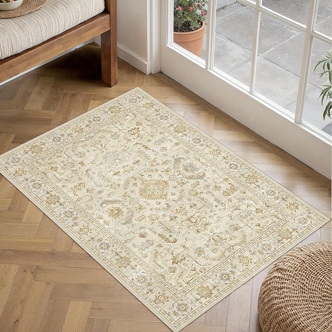 PureCozy 2x3 Beige Entryway Rug Vintage Area Carpet Indoor Kitchen Washable Door Mat Entrance Small Low Pile Traditional Distressed Retro Accent Throw Boho Rug Non Slip Office Bathroom