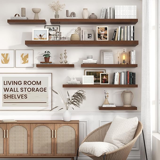 Floating Shelves for Wall 48"W x 9"D x 1.5"H, Long Engineered Wood Wall Shelves with Invisible Brackets for Living Room Bedroom Bathroom Office Kitchen Decor and Storage, Walnut Finish, Set of 2