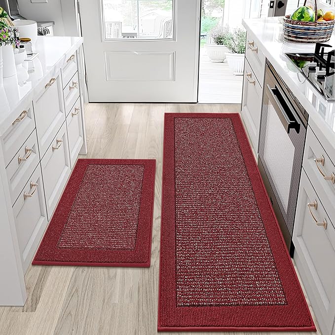 BEQHAUSE Kitchen Rugs and Mats Set of 2 Non-Slip Kitchen Mats for Floor, Absorbent and Stain Resistant Kitchen Runner, Machine Washable Rugs for Kitchen, Laundry & Sink, 24"x36"+24"x60", Red