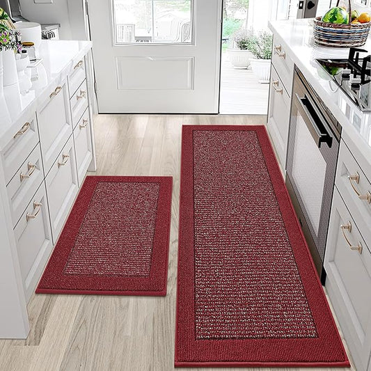 BEQHAUSE Kitchen Rugs and Mats Set of 2 Non-Slip Kitchen Mats for Floor, Absorbent and Stain Resistant Kitchen Runner, Machine Washable Rugs for Kitchen, Laundry & Sink, 24"x36"+24"x60", Red