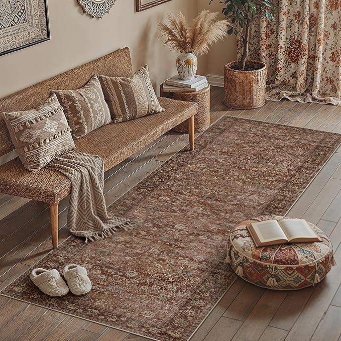 HUGEAR 3x8 Runner Rug Machine Washable Brick Red Hallway Area Rug Indoor Accent Rugs Floral Low Pile Carpet Soft Throw Rugs Bedroom Living Room Office Dining Kitchen Laundry Non Slip