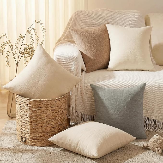 Set of 4 Neutral Throw Pillow Covers 16x16 Inch, Neutral Boho Farmhouse Aesthetic Decorative Pillow Cases for Couch, Sofa, Living Room & Bed, Soft Chenille Pillow Cases, Stylish Home Decor, 40x40 cm