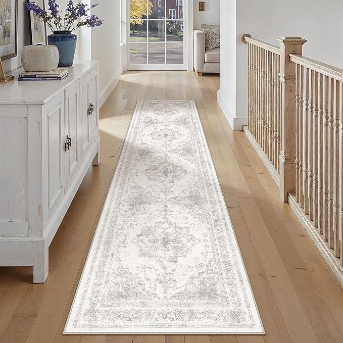 PureCozy Runner Rug 2x12 Washable Light Gray Hallway Runner Vintage Boho Medallion Non Slip Grey Distressed Retro Carpet Indoor Low Pile Long Soft Rug for Kitchen Entryway Bedroom Bathroom Laundry