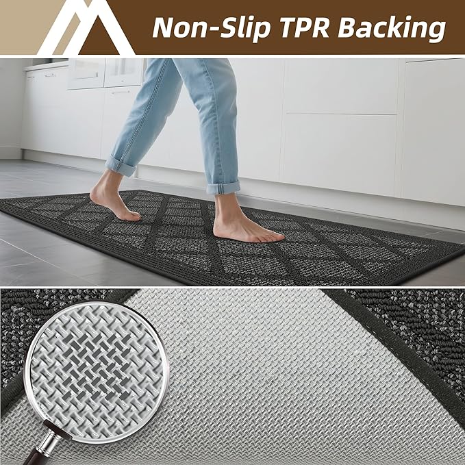 COSY HOMEER Kitchen Mats, 2 PCS Kitchen Rug Non Slip Washable, Absorbent Runner Rugs for Kitchen Floor, 100% Polypropylene Kitchen Sink Rug 24"x36" + 24"x60"(Dark Grey)