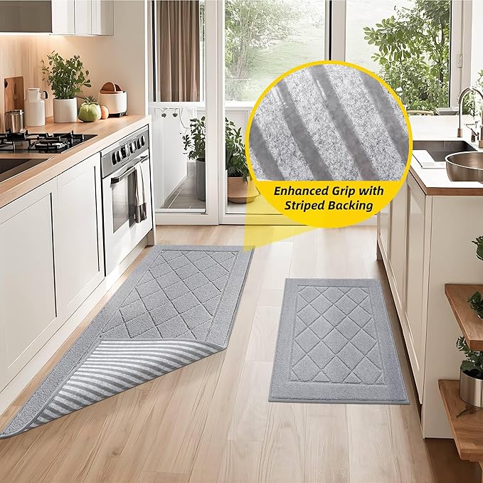 JSEI Non-Slip Kitchen Rugs, Self Adhesive No Sliding Kitchen Mats Set of 2, Soft Washable Absorbent Floor Mat for Kitchen, Bathroom, Laundry Room, Bedroom, 20”x32”+32”x48”, Light Grey, Diamond Pattern