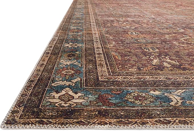 Loloi Layla Collection LAY-01 Brick/Blue 5'-0" x 7'-6" .13" Thick Area Rug, Soft, Durable, Vintage Inspired, Distressed, Low Pile, Non-Shedding, Easy Clean, Printed, Living Room Rug