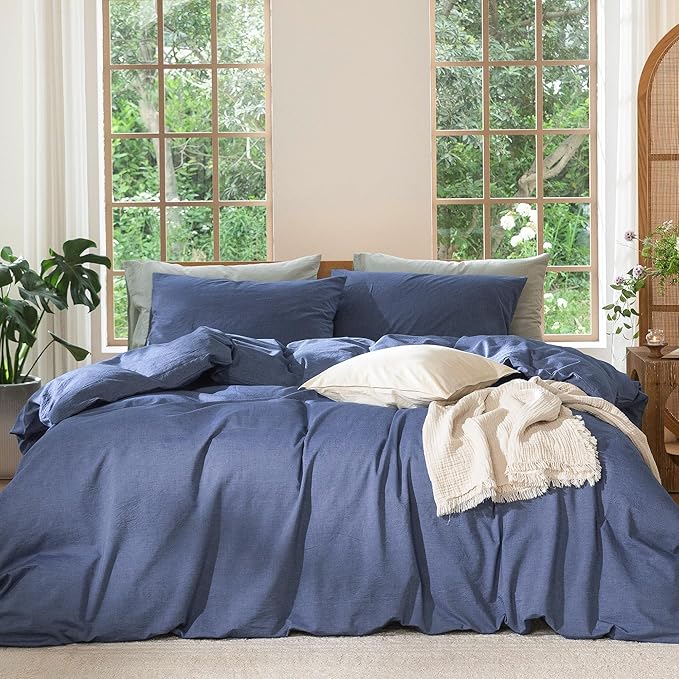 MooMee Bedding Duvet Cover Set 100% Washed Cotton Linen Like Textured Breathable Durable Soft Comfy (Heathered Blue, Twin 68"x90")