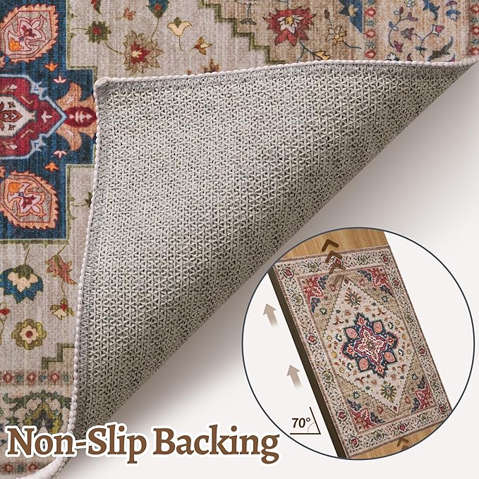 Tangsoo Vintage 4x6 Area Rug, Washable Non Slip Indoor Rugs, Oriental Machine Washable Rug Carpet, Soft Low Pile Foldable Floor Rugs for Dining Room Bedroom Living Room Home Decor Beige/Red
