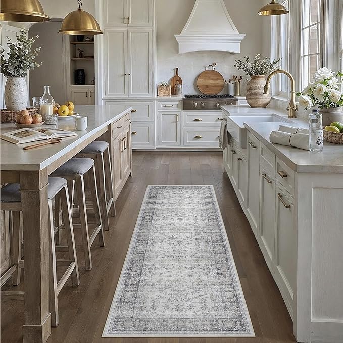 PureCozy 2x6 Grey Runner Rug Vintage Area Carpet Hallway Indoor Kitchen Washable Low Pile Traditional Distressed Retro Accent Throw Boho Rug Non Slip for Laundry Bathroom Office