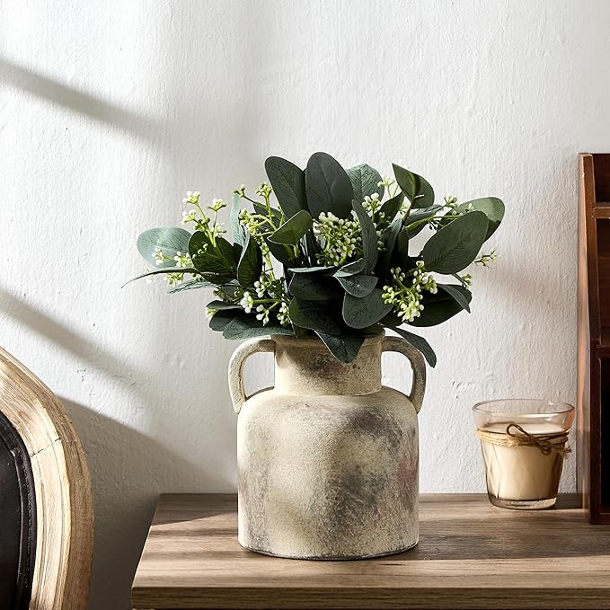 Emotionally Grounded Vase, Vaseking Ceramic Rustic Vase with 2 Handles, 6.1 inch Minimalist Decorative Farmhouse Vases for Home Decor, Living Room, Enterway, Table Decoration, Neutral