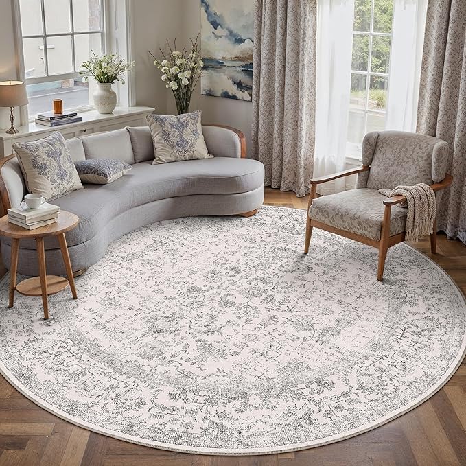 PureCozy Grey Round Area Rug 6ft Entryway Door Mat Small Circle 6x6 Kitchen Vintage Carpet Non Slip Indoor Bedroom Washable Distressed Floral Retro Accent Throw Rug Office Bathroom