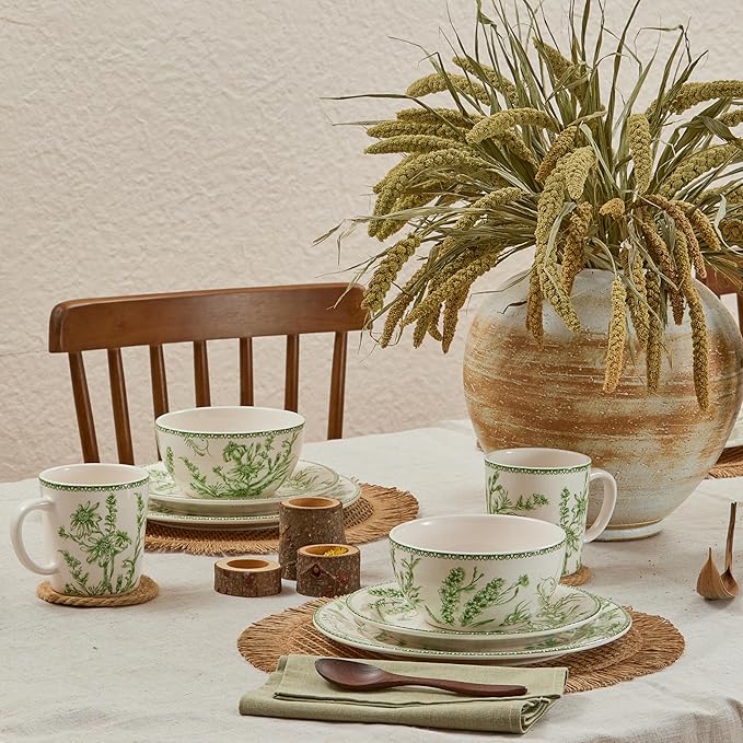 Bico Green Garden Toile De Jouy Cereal Bowls Set of 4, 26 oz Deep Ceramic Soup Bowls for Cereal, Salad, Noodles, Kitchen, Microwave and Dishwasher Safe, Gift for Housewarming and Thanksgiving