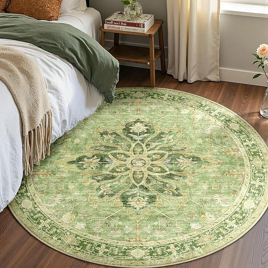 RELEANY Area Rugs 4ft Washable Non-Slip, Floral Vintage Distress Print Pattern Medallion Carpet for Living Room Bedroom Dining Room, Sage Green Yellow