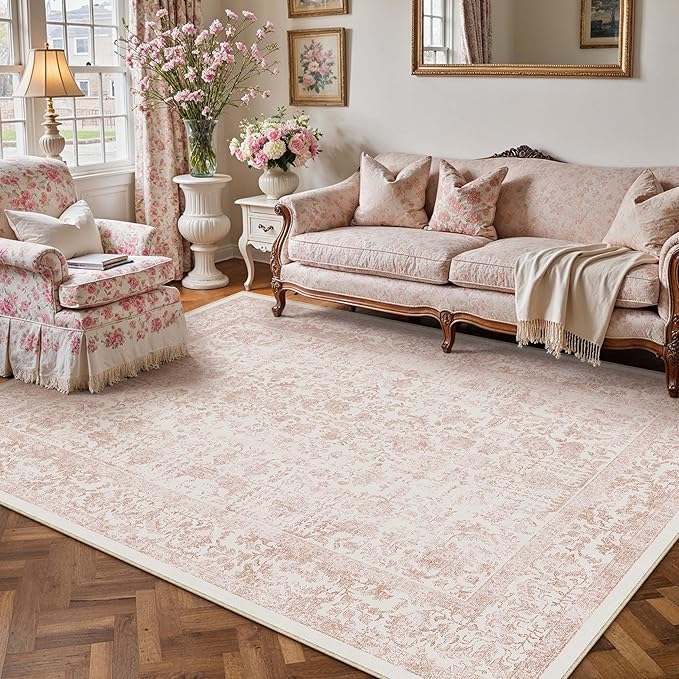 PureCozy Pink Area Rug 4x6 Office Entryway Rug Machine Washable Kitchen Vintage Distressed Non Slip Carpet Indoor Retro Floral Accent Throw Door Mat for Bathroom Bedroom Dining Living Room
