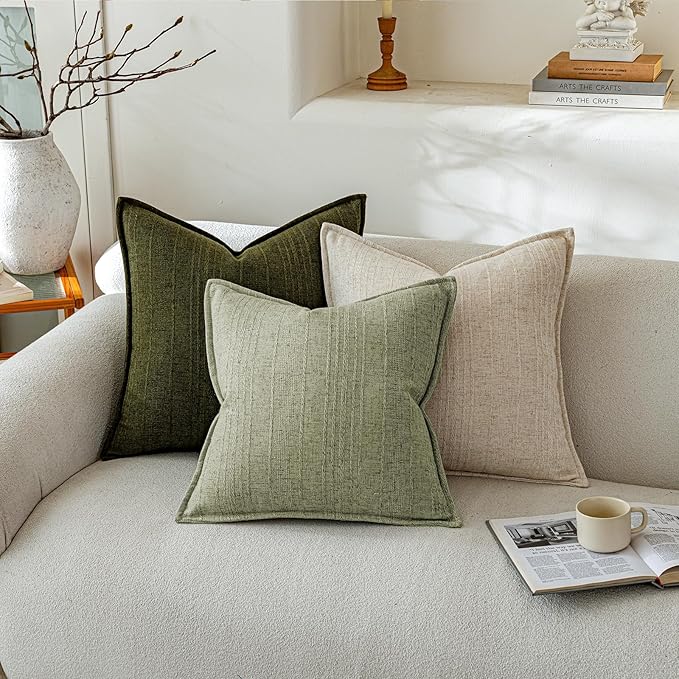 a moment Linen Pillow Covers Set of 2,Boho Farmhouse Throw Pillowcases Neutral Textured Decorative Covers for Couch Sofa,Linen Blend Accent Case Cushion Living Room Home Decor 22"x22"Seeding Green