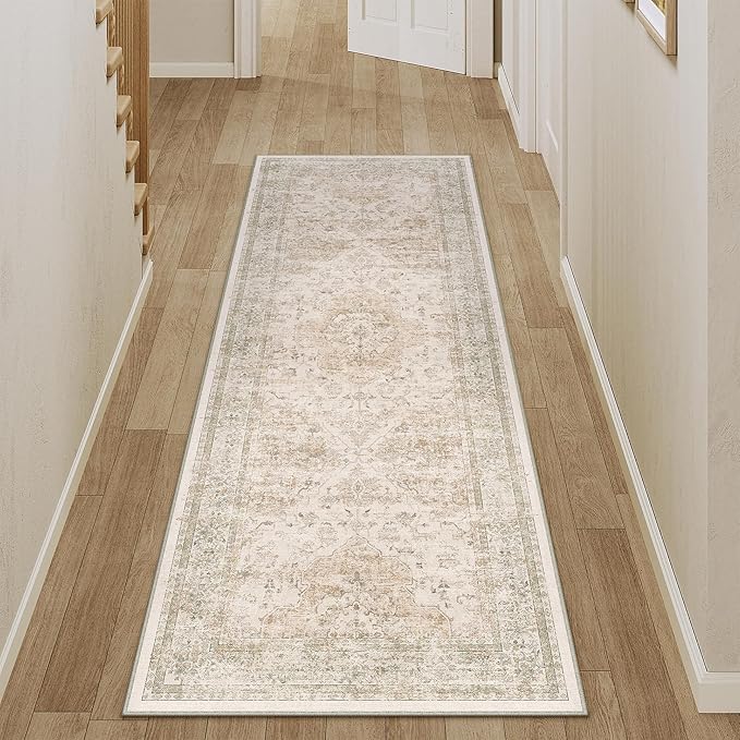 PureCozy Hallway Runner Rug 2x5 Washable Beige Vintage Distressed Runner Oriental Soft Thin Indoor Carpet Non Slip Low Pile Throw Rug for Kitchen Bedroom Laundry Bedside Entryway