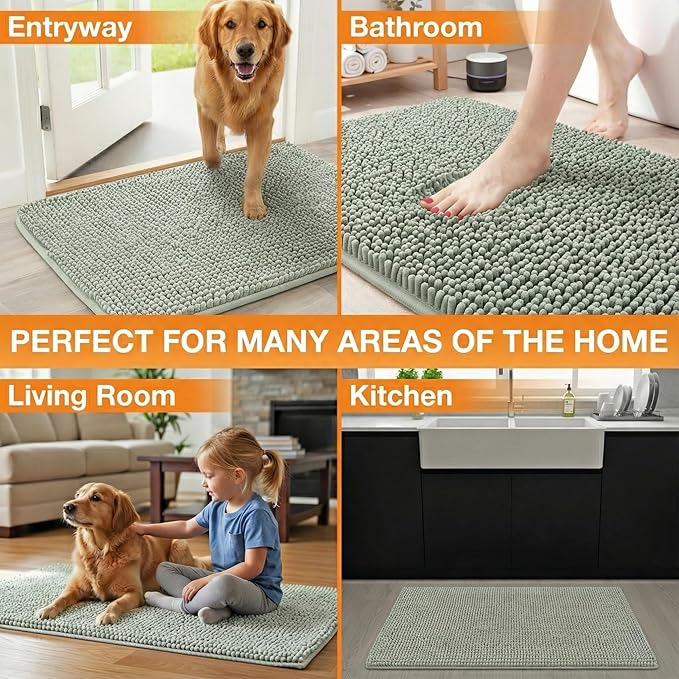 Neater Pets Chenille Dog Door Mat 36” x 24” – Super Absorbent & Quick-Dry Muddy Paws Doormat for Trapping Dirt, Water, Mud - Non-Slip & Machine Washable Pet Rugs for Entryway, Indoor Mud Mats, Green