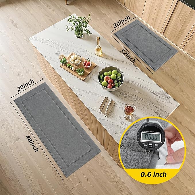 JSEI Non-Slip Kitchen Mats, Self Adhesive No Sliding Kitchen Rugs Set of 2, Washable Absorbent Floor Mat for Kitchen, Bathroom, Laundry Room, Bedroom, 20”x32”+32”x48”, Light Grey, Rectangular Pattern
