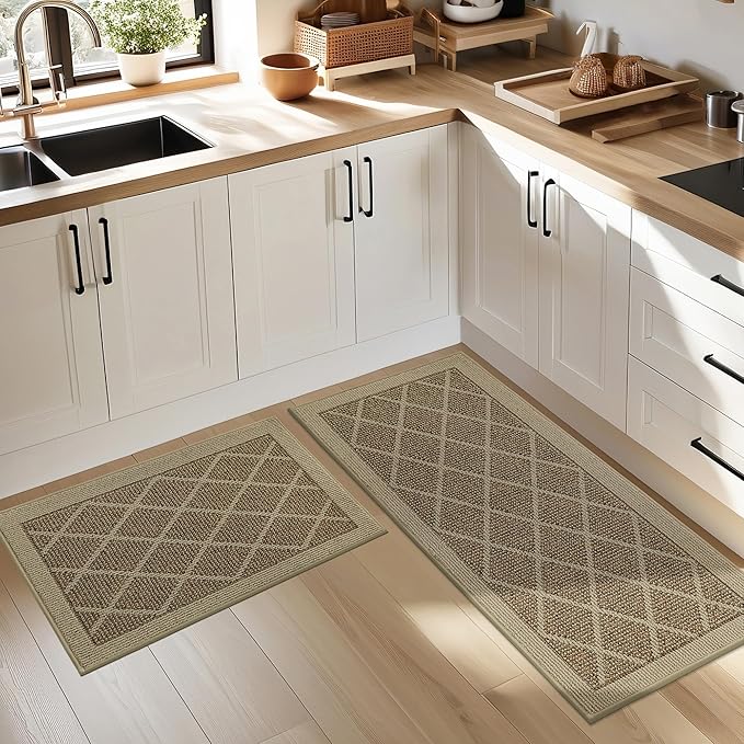 COSY HOMEER Kitchen Mats, 2 PCS Kitchen Rug Non Slip Washable, Absorbent Runner Rugs for Kitchen Floor, 100% Polypropylene Kitchen Sink Rug 20"x32" + 20"x48"(Beige)