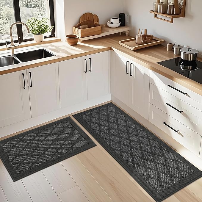 COSY HOMEER Kitchen Mats, 2 PCS Kitchen Rug Non Slip Washable, Absorbent Runner Rugs for Kitchen Floor, 100% Polypropylene Kitchen Sink Rug 24"x36" + 24"x60"(Dark Grey)
