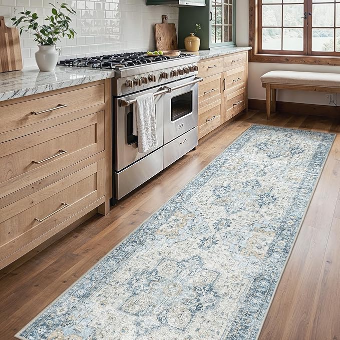 BESBLEE Runner Rug 2'6''x8, Non Slip Vintage Hallway Runner Rugs, Low Pile Lightweight Machine Washable Mat for Hallway, Entryway, Bedroom, Kitchen and Corridor, Blue