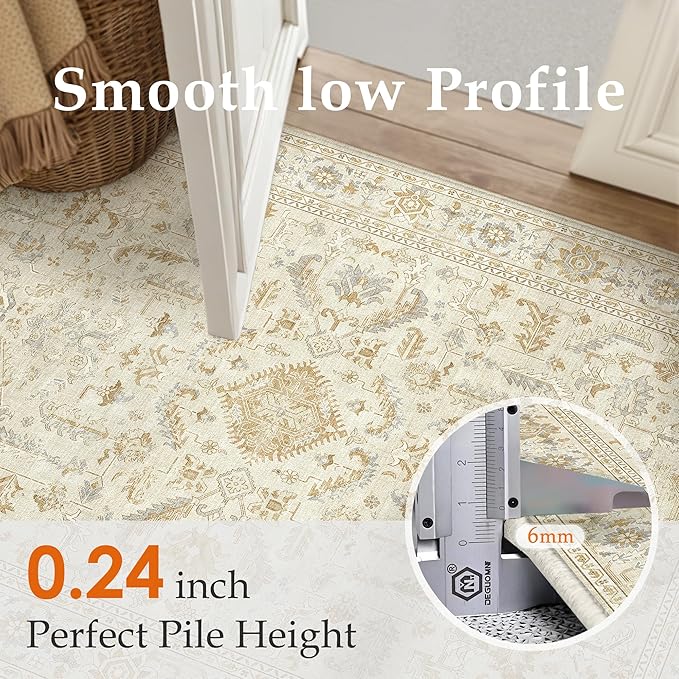 PureCozy 2x6 Beige Runner Rug Vintage Area Carpet Hallway Indoor Kitchen Washable Low Pile Traditional Distressed Retro Accent Throw Boho Rug Non Slip for Laundry Bathroom Office