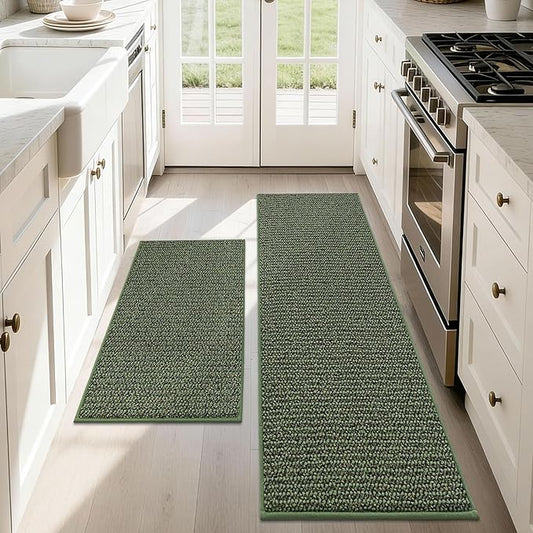 JSEI Kitchen Rugs and Mats, 2PCS Non-Slip Kitchen Mats for Floor, Machine Washable Absorbent and Stain Resistant Kitchen Runner, Carpet Mats with TPR Backing, 17''x30''+17''x48'', Green