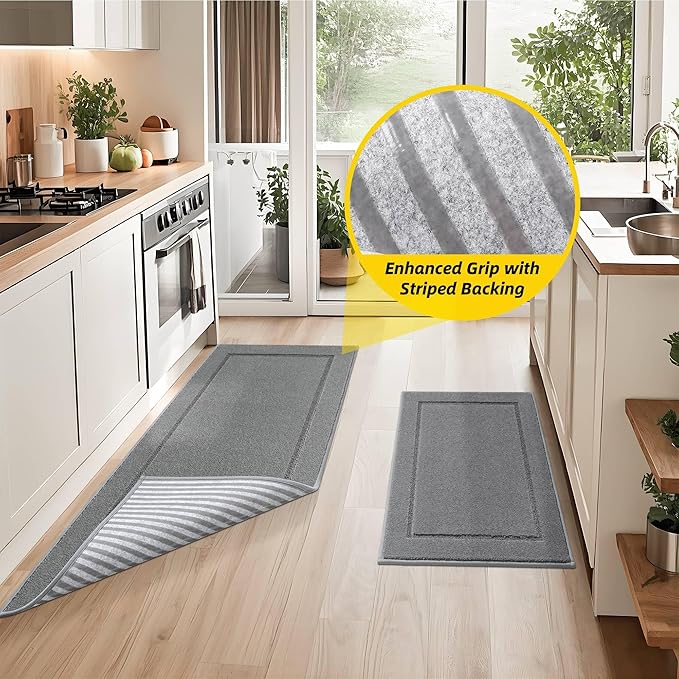 JSEI Non-Slip Kitchen Mats, Self Adhesive No Sliding Kitchen Rugs Set of 2, Washable Absorbent Floor Mat for Kitchen, Bathroom, Laundry Room, Bedroom, 20”x32”+32”x48”, Light Grey, Rectangular Pattern