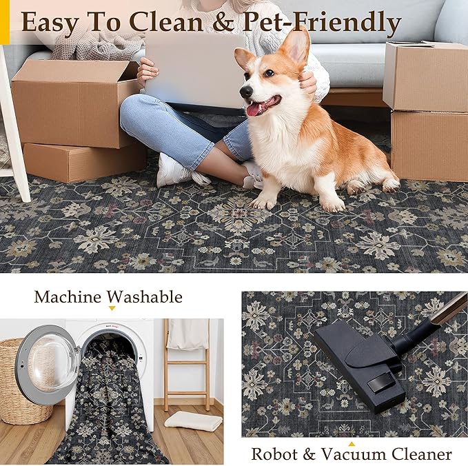PureCozy Black 2x3 Area Rug Washable Entryway Vintage Carpet Small Indoor Door Mat Kitchen Non Slip Low Pile Thin Soft Stain Resistant Accent Throw Rug for Bathroom Entrance Bedroom Office Living Room