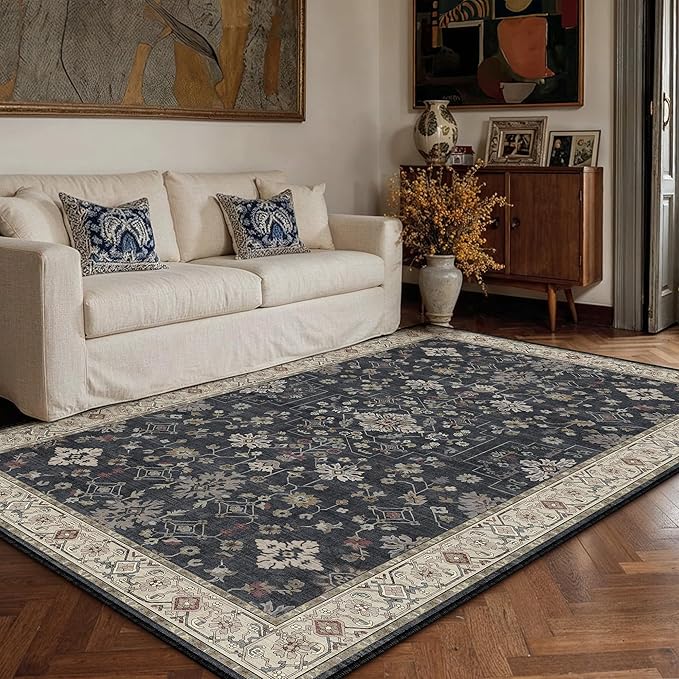 PureCozy Black 3x5 Area Rug Washable Entryway Vintage Carpet Small Indoor Office Non Slip Low Pile Thin Soft Stain Resistant Accent Throw Rug for Laundry Door Mat Kitchen Bathroom Bedroom Bedside