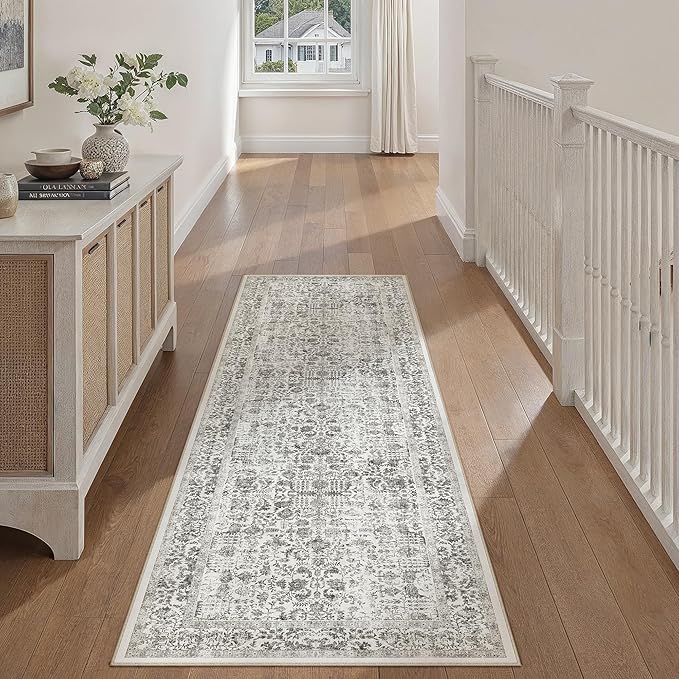 PureCozy Black Runner Rug 2'6"x8' Washable Carpet for Hallway Kitchen Vintage Distressed Non Slip Indoor Retro Floral Bedroom Accent Throw Long Rug Bathroom Office Laundry Dining Living Room