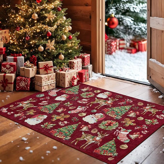 Kokia 2x3 Indoor Christmas Area Rugs for Entryway, Bedroom, Kitchen, Office, Machine Washable Small Door Mat with Santa, Christmas Tree, Bell, Reindeer and Holly, Santa Red