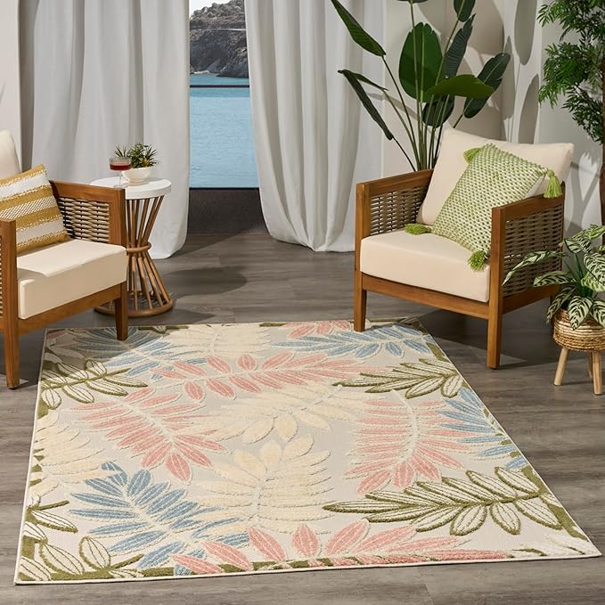 Nourison Home Aloha Ivory Rose 5'3" x 7'5" Area Rug - Easy Clean, Non Shedding, Bed Room, Living Room, Dining Room, Kitchen (5' x 8')