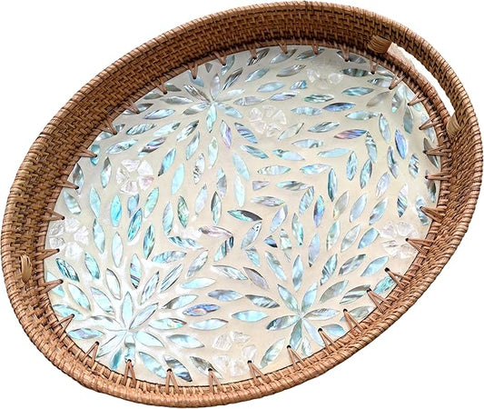 i-lan 17 Inch Blue Mother of Pearl Inlay Rattan Serving Platter,Rattan Coffee Bread Tray Display with MOP Inlay Wooden Base, Decorative Wicker Basket for Table Decor, Storage of Fruit,Candy