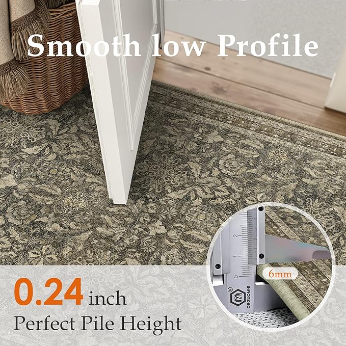 PureCozy Brown 3x5 Area Rug Washable Entryway Office Vintage Carpet Indoor Non Slip Small Low Plie Thin Bedroom Kitchen Rug Retro Accent Throw Living Dining Room Bathroom