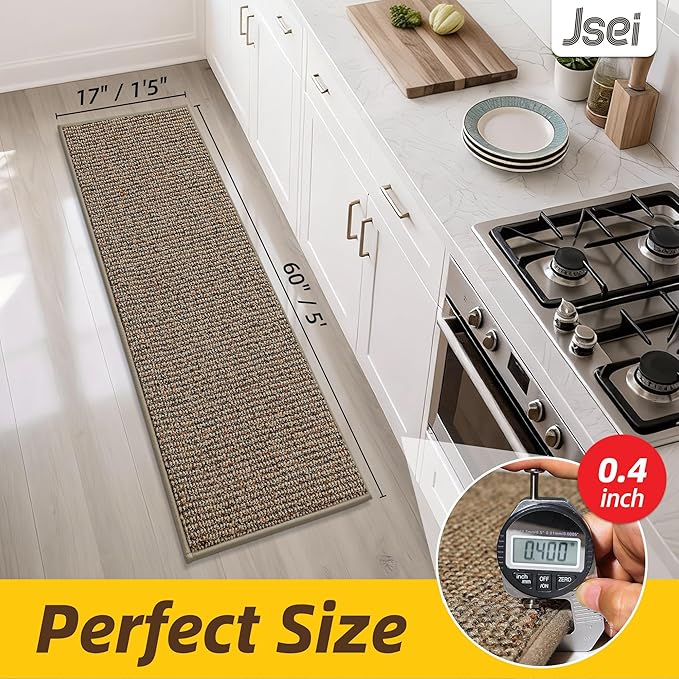 JSEI Kitchen Runner Rugs, 17''x60'' Non-Slip Kitchen Mats for Floor, Machine Washable Absorbent and Stain Resistant Kitchen Rug, Carpet Mats with TPR Backing for Kitchen, Taupe