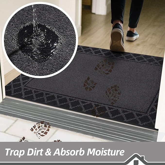 BEQHAUSE Door Mat Dirt Trapper Non Slip Entryway Rugs Absorbent Welcome Mat Low Profile Washable Front Door Mat for Muddy Paws,Entrance,Hallway, 32" x 48",Black