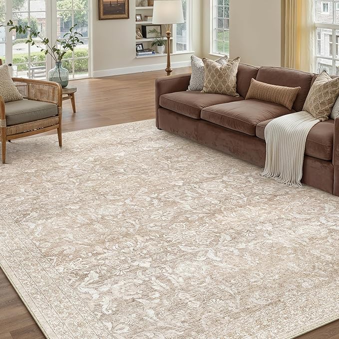 PureCozy 5x7 Area Rug Washable Beige Vintage Living Room Bedroom Carpet Indoor Non Slip Soft Low Pile Thin Rug Retro Accent Throw Office Dining Room